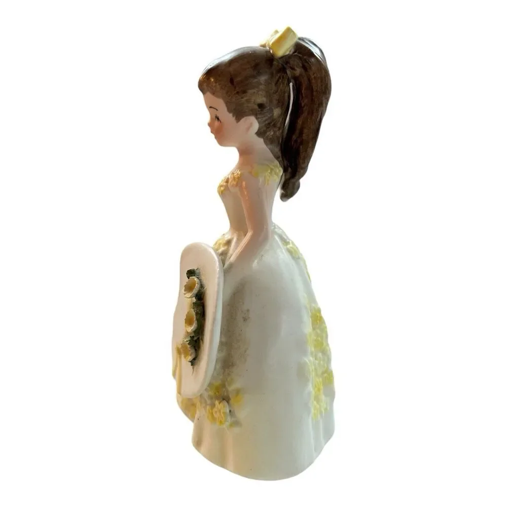 Vintage Lefton Girl Planter Brunette with‎ Bow  Dress W/Yellow Flowers & Hat